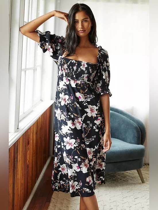 Anthropologie Dresses & Skirts - By Anthropologie Puff-Sleeve Smocked Midi Dress in Black Floral Size XL